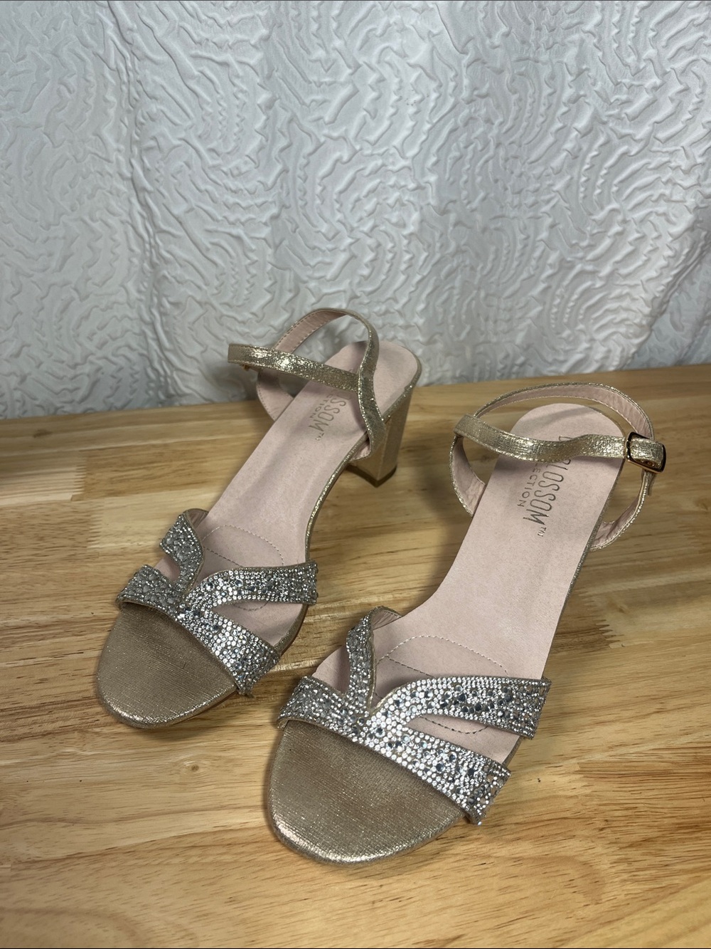 De Blossom Collection Gold Rhinestone Strappy Block Heel Sandals - Size 7